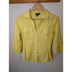 Tracy M Linen Button Down Shirt Butter Yellow 3/4 Sleeve Fitted Blouse Medium